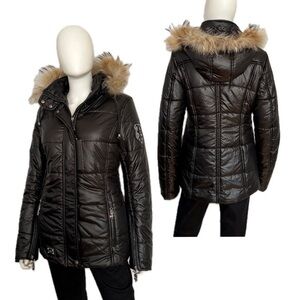 NWT WINTER PUFFER BLACK‎ JACKET REAL FUR TRIMMED HOOD ZIPPED QUILTED PUFFER